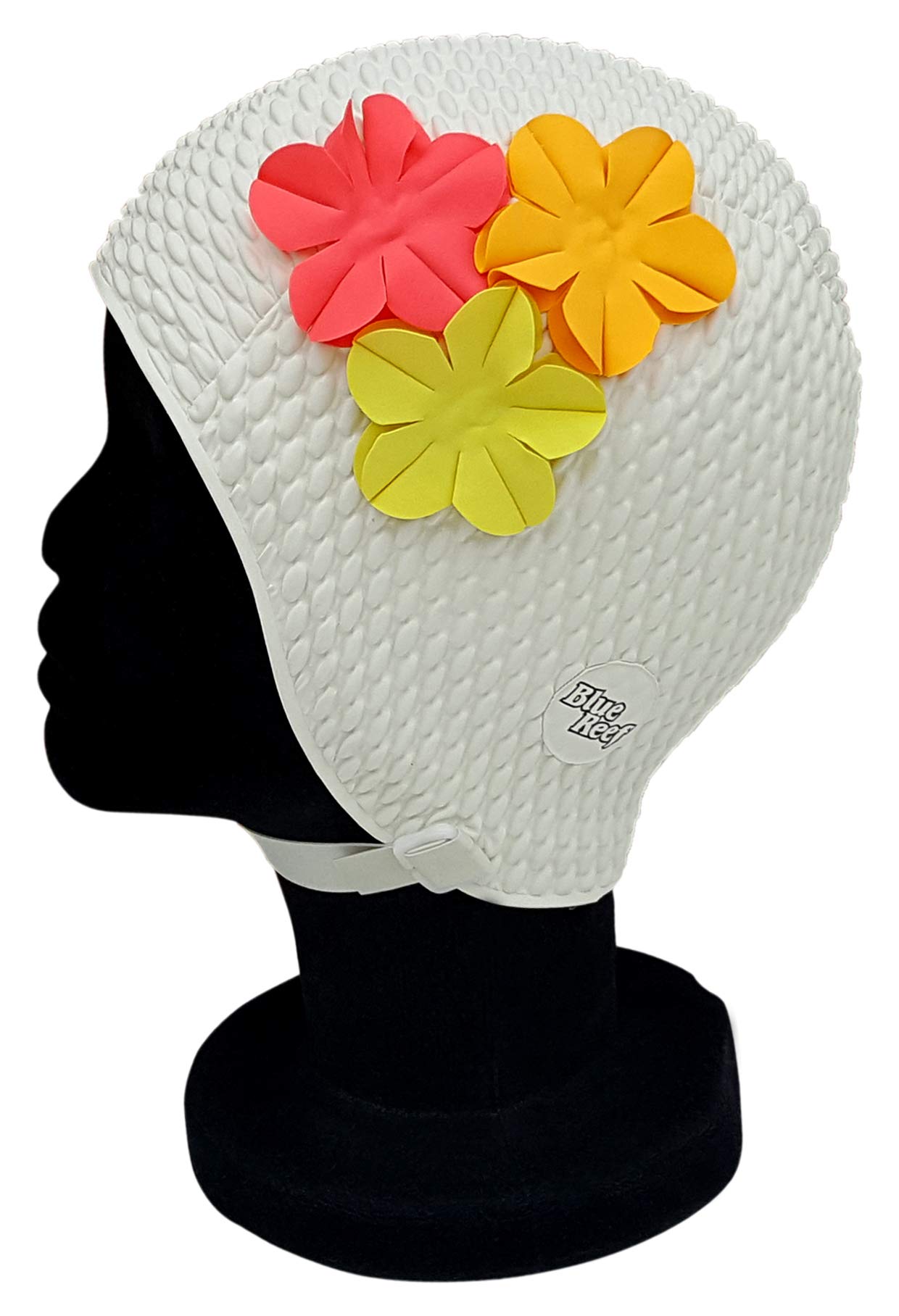 Blue Reef Rome Bubble Single Colour Floral Ladies Classic Retro 3 Flower Bunch 3D Petal 3 Tropical Colours Stylish Vintage Swimming Hat Swim Cap One Size Adults With Adjustable Strap (White)
