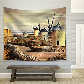 Windmills of Spain on Sunset - Fabric Wall Tapestry Home Decor - 51x60 inches