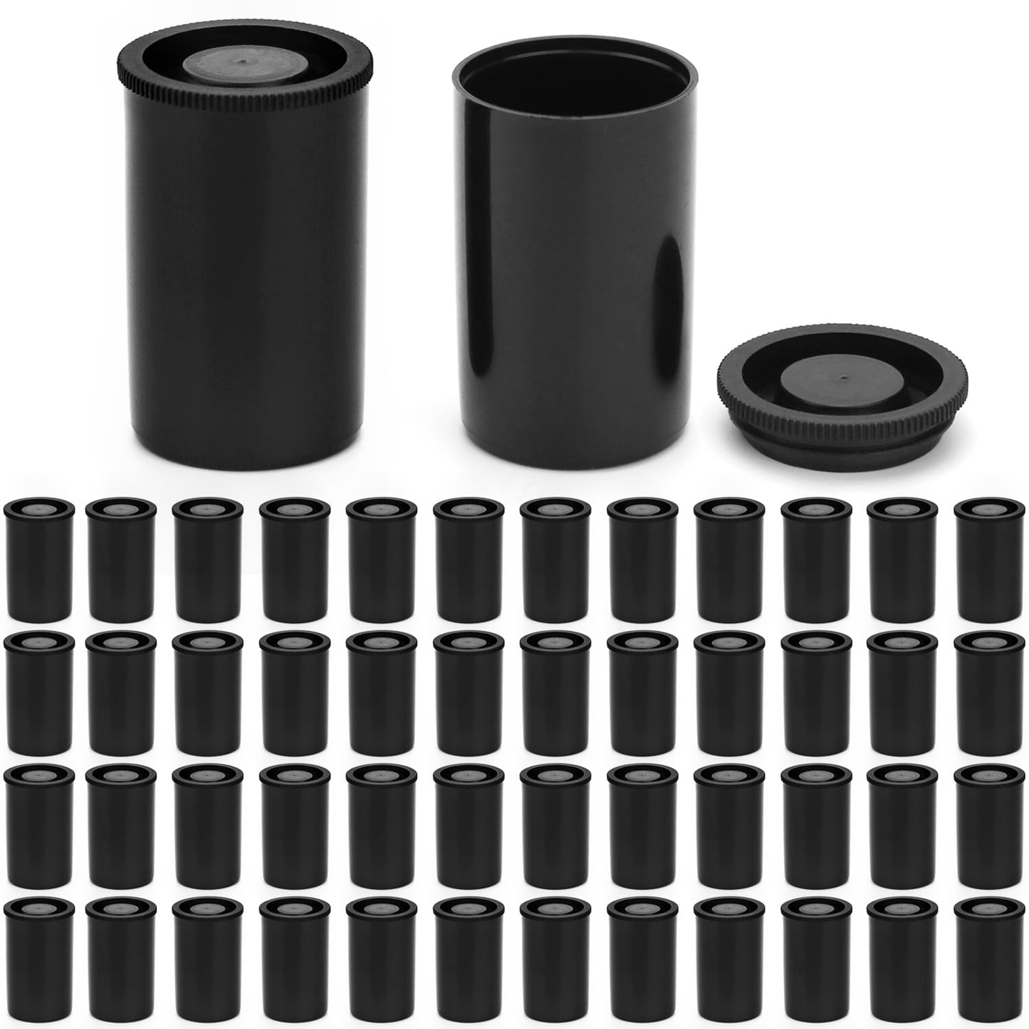QWORK® 50 Pcs Film Canisters with Lids, Plastic Camera Reel Containers, for Scientific Activity Small Accessories, Black