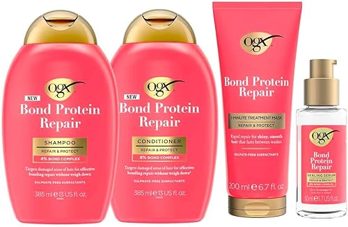OGX Bond Protein Repair Essentials Bundle for Damaged, Fine Hair, Shampoo (385ml) & Conditioner (385ml), 1-Minute Treatment Mask (200ml) and Sealing Serum (50ml), Protection for Stronger Hair