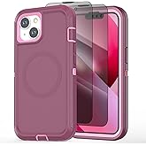 Qizaixi Designed for iPhone 13 & iPhone 14 Case [Compatible with MagSafe] [with Privacy Screen Protector] 3-Layer Full Body Protection Rugged Shockproof Heavy Duty Phone Case Cover, Purple/Pink