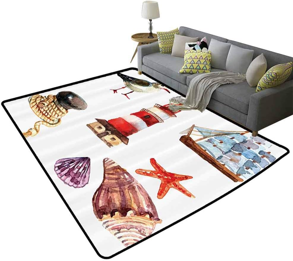 Nautical Decor Indoor Rug Nautical Theme Elements Seagull Boat Lighthouse Shell Starfish Island Watercolor Style Print Super Absorbent mud Multi, 4'x 6'(120x180cm)
