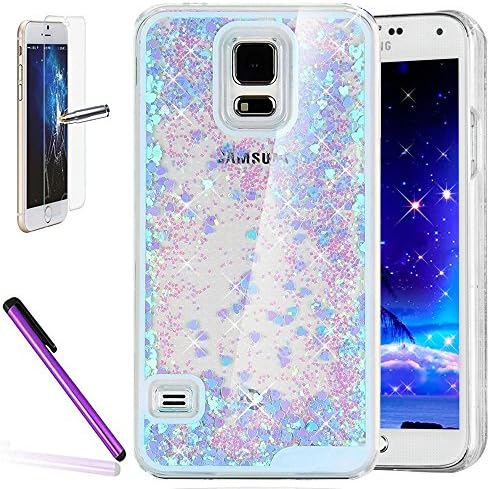 Samsung Galaxy S5 Case,Galaxy S5 Clear Hard Case,S5 Glitter Case,NEWSTARS [Creative Design][ Liquid Flowing] Floating Moving Sparkly Shiny Bling Glitter Clear Transparent Back Dual Layer Protective Shell Hard Case Cover for Samsung Galaxy S5 I9600 [+ 1Pcs Stylus Touch Pen+ 1Pcs Screen Protector].Pink Liquid-Blue Hearts