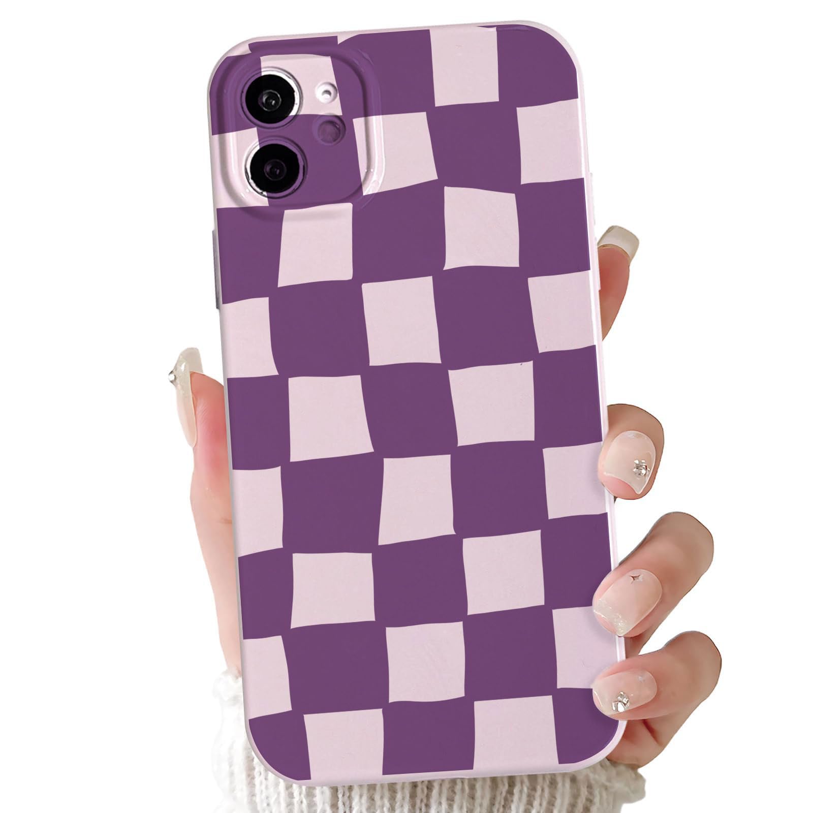 Photo 1 of Aconfei Compatible with iPhone 12 Case for Women Girl Cute Aesthetic Checkerboard Larger Blocks Pattern Trendy Slim Fit TPU Silicone Shockproof Full Camera Protection Cover - Purple