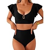 Herseas Women's High Waisted Bikini Sets Ruffle 2 Piece Swimsuits U Wire Tummy Control Bathing Suit Ruched Swim Beach Wear