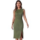 Allegra K Faux Suede Dresses for Women's Sleeveless Crewneck Split Hem Work Office Sheath Dress