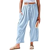TARSE Womens Linen Wide Leg Pants Casual Loose Drawstring Summer Beach Travel Vacation Palazzo Harem Pants with Pockets