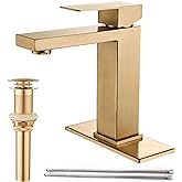 AVSIILE Brushed Gold Bathroom Faucet, Golden Single Hole Vanity Bath Faucet, Single Handle Modern Stainless Steel Bathroom Faucets for Sink 1 Hole with Pop Up Drain Stopper & Water Supply Hoses
