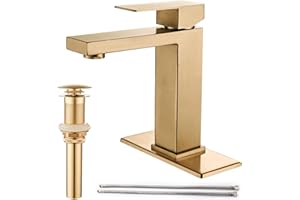 AVSIILE Brushed Gold Bathroom Faucet, Golden Single Hole Vanity Bath Faucet, Single Handle Modern Stainless Steel Bathroom Faucets for Sink 1 Hole with Pop Up Drain Stopper & Water Supply Hoses