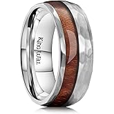 King Will 8mm Silver Hammered Titanium Ring Center Inlaid Wood Wedding Band for Men Hammered Wood Titanium Rings Polish Comfort Fit