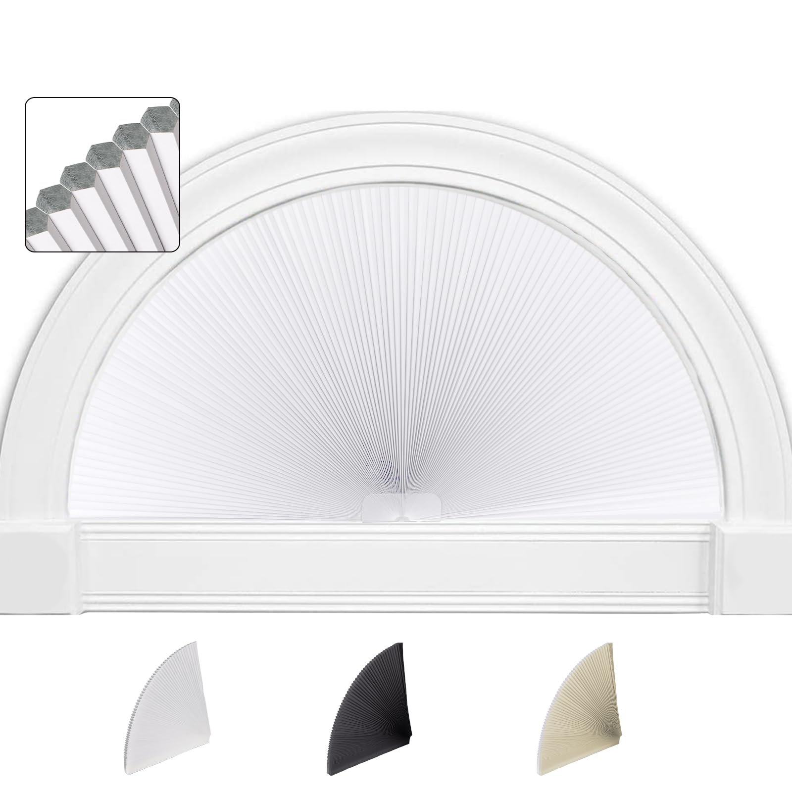 Photo 1 of SEEYE Arch Window Blackout Shades, Pleated Fabric Blinds (Radius: 36'') Half Circle Cellular Cordless Semicircular Blinds with No Tools, Half-Round Shade Easy to Cut and Install, 2-Pack, White