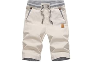 GUNLIRE Big Boy's Casual Shorts Summer Cotton Classic Fit Drawstring Elastic Waist Beach Shorts with Pockets