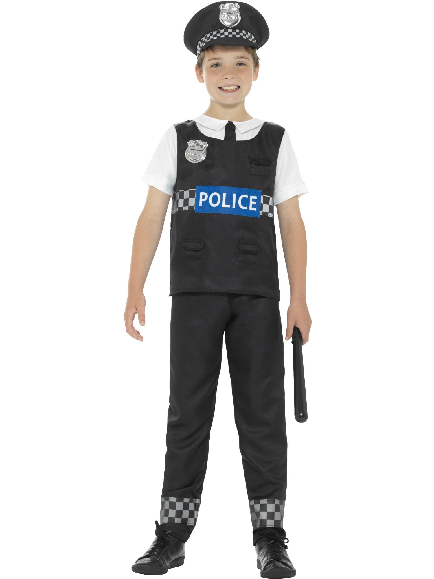 Smiffys Cop Costume, Black & White with Top, Trousers & Hat, Boys Fancy Dress, Cops and Robbers Dress Up Costumes