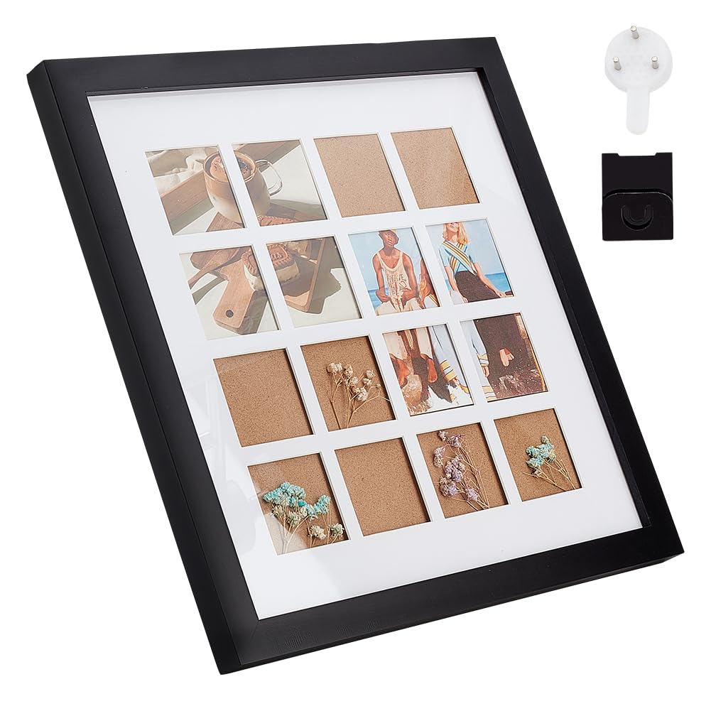 OLYCRAFT Square Wood Photo Frame Stand 33.6x33.6x2cm Black Picture Frame Display for Hold 16 Photos Multi Photo Frame Display with Clear Window for Tabletop Stand and Wall Mounting