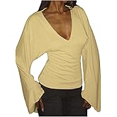 GORGLITTER Women's Cinched Waist Tops Bell Sleeve Deep V Neck Fitted Crop Top Going Out Tee Shirts