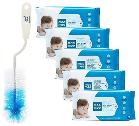 Mee Mee Bottle and Nipple Cleaning Brush with 360-Degree Rotary Handle, Blue & Caring Baby Wet Wipes, Aloe Vera, 72 Pieces (Pack of 5) Combo