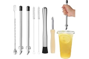Tinoaly 7pcs Straw Puncher Kit, Stainless Steel Straw Hole Punch with Cleaning Brush Stirring Spoon Muddler for Lemonade Lemo