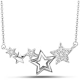 Star Necklace for Girls Teens Women - Sterling Silver Star CZ Pendant Necklace Charm Choker Adjustable Layering Chain Necklaces Day Jewelry Gifts for Christmas