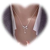Crymystal Bohemian Crystal Bow Pendant Necklace for Women Crystal Bow Tie Drop Necklace Silver Bow Dangle Necklace Adjustable clavicle necklace Jewelry for Girls Gifts