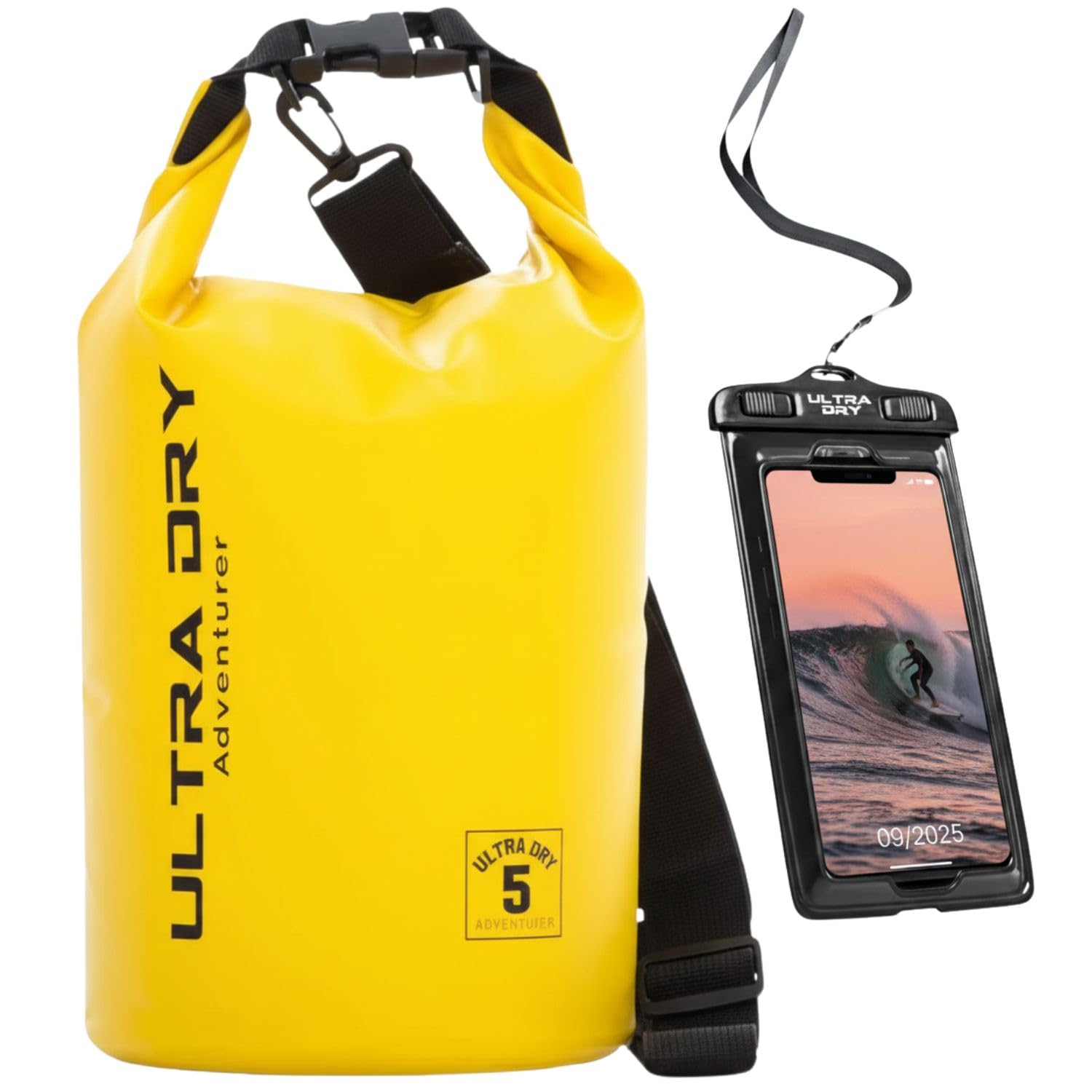 Premium Waterproof Bag, Sack with Phone Dry Bag and Long Adjustable Shoulder Strap Included, Perfect for Kayaking/Boating/Canoeing/Fishing/Rafting/Swimming/Camping/Snowboarding (Yellow, 5 L)