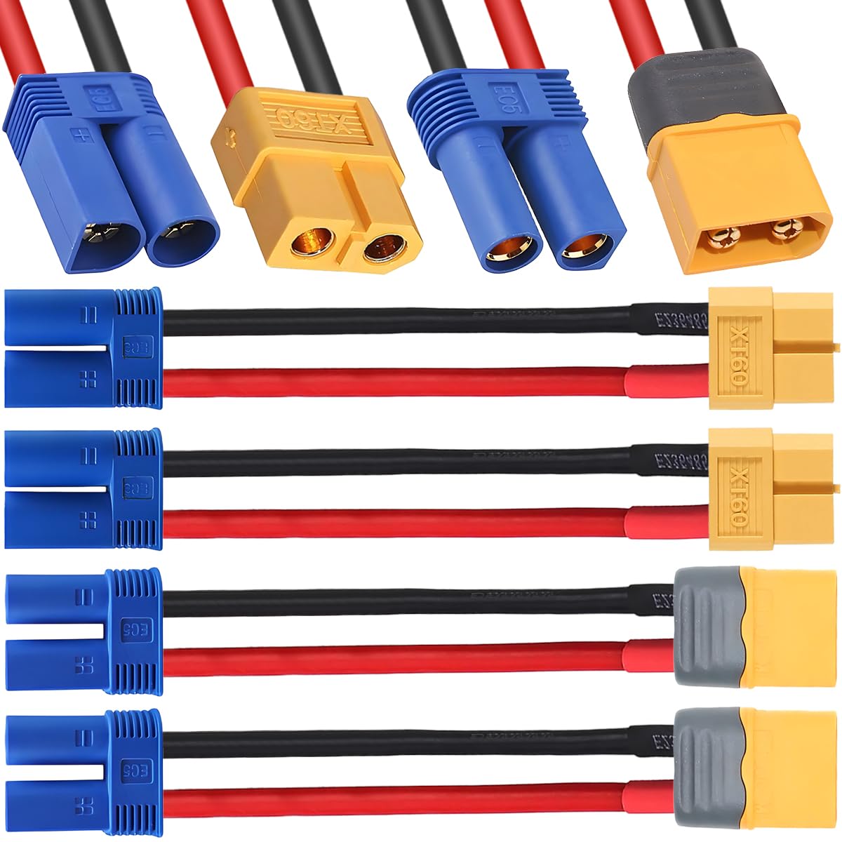 HAAMNING7 4 Pcs XT60 to EC5 Connector Cable XT60 to EC5 Plug Adapter 14AWG Male Female Extension Cable for RC Lipo Battery Charger RC Car Boat Drone ESC