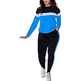 Kencey Women's 2 Piece Tracksuit Set Long Sleeve Color Block Lightweight Workout Athletic Sweatsuit Blue