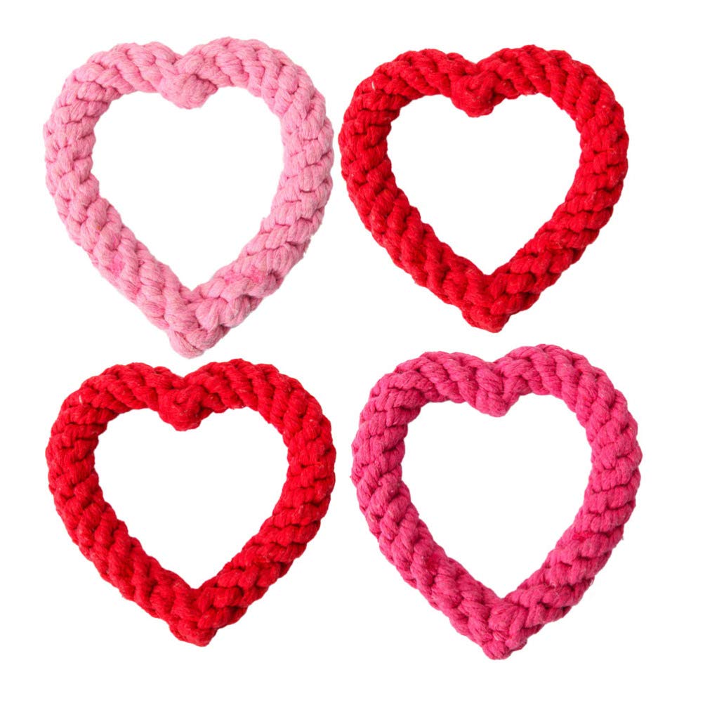 Amosfun 4pcs Dog Squeaky Chew Toys Heart Shaped Cotton Rope Chewing Sound Toy Funny Bite Resistant Ball For Valentines Day Pet Puppy Cat Kitty Supplies Random Color