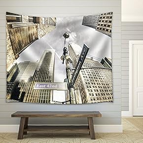 Bottom-Up View of New York Skyscrapers, U S a - Fabric Wall Tapestry Home Decor - 51x60 inches