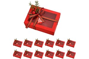 TIMBLESSING 12 Pack Christmas Gift Boxes with Clear Window, Red Christmas Gift Boxes with Ribbon, Pine Sprigs & Berry Decorations for Holiday Wrapping, 8.7x5.9x2.8 Inch (RED)