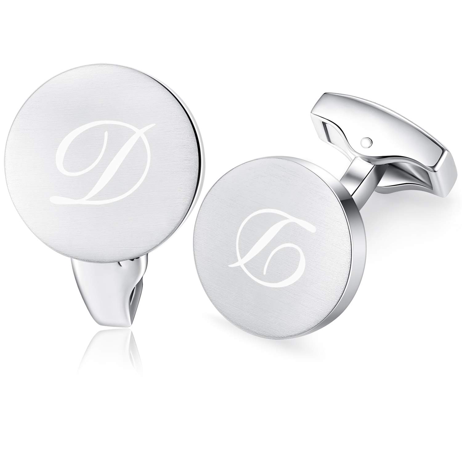 Honey Bear Initial Alphabet Letter Cufflinks for Men, Silver Round Shape Stainless Steel Wedding Business Gifts A - Z (D)