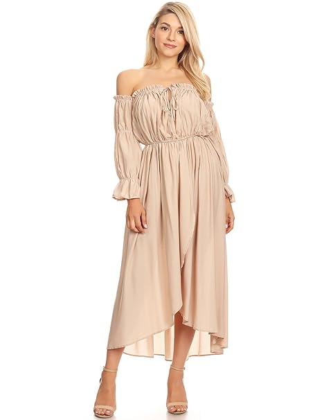 Anna-Kaci Frauen Vintag Boho Schulterfrei Langarm Geschmückt Renaissance Maxikleid