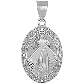 Fine 925 Sterling Silver Cubic Zirconia Oval Divine Mercy Of Jesus Medal Pendant