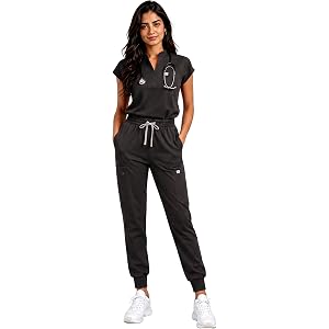 Women's Scrubs Set, Sleeveless Stand Collar Top & Joggers with 11 Pockets | Soft 4-way stretch fabric, breathable comfort, wr