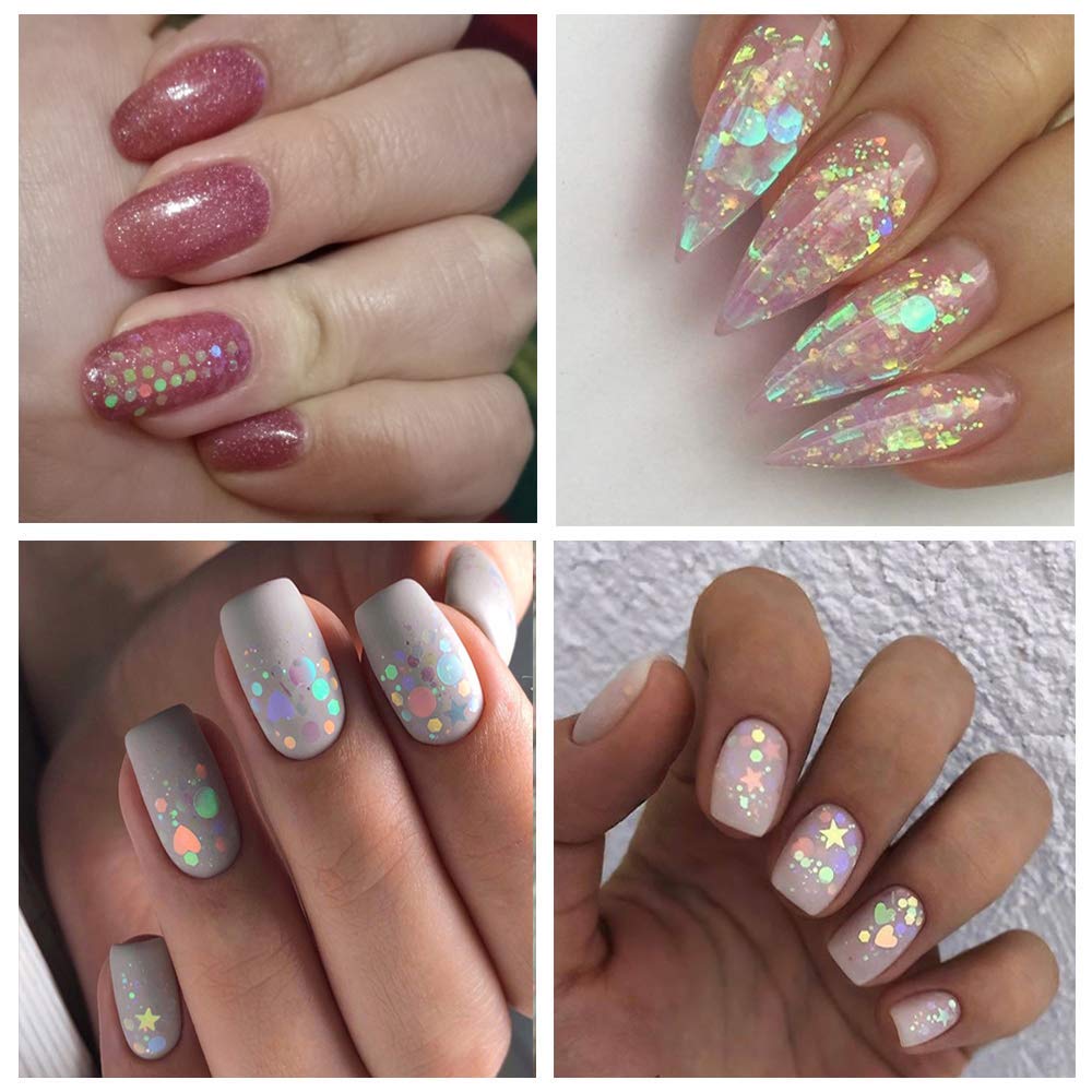 Tingbeauty 2Boxes 24Colors Holographic Nail Iridescent Sequins Colorful Flakes Nail Art Sticker Glitter DIY Decals Decoration for Face Body Eyes: Arts, Crafts & Sewing