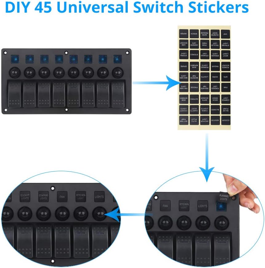 WATERWICH Marine Boat Car 8 Gang ON-Off Ignition 3 Pin Waterproof Toggle Rocker Switch Panel 12V/24V Circuit Breaker Blue LED Indicator for RV Vehicle Truck Trailer Yacht ATV (8 Gang Blue): Automotive