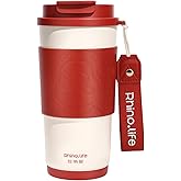 RhinoLife Red Insulated Coffee Mug Spill Proof Leak Proof with lid,16oz, Red Portable Ceramic Lined Travel Mug with Handle & Silicone Mat, Reusable Insulated Tumbler with straw, Gift for Lovers