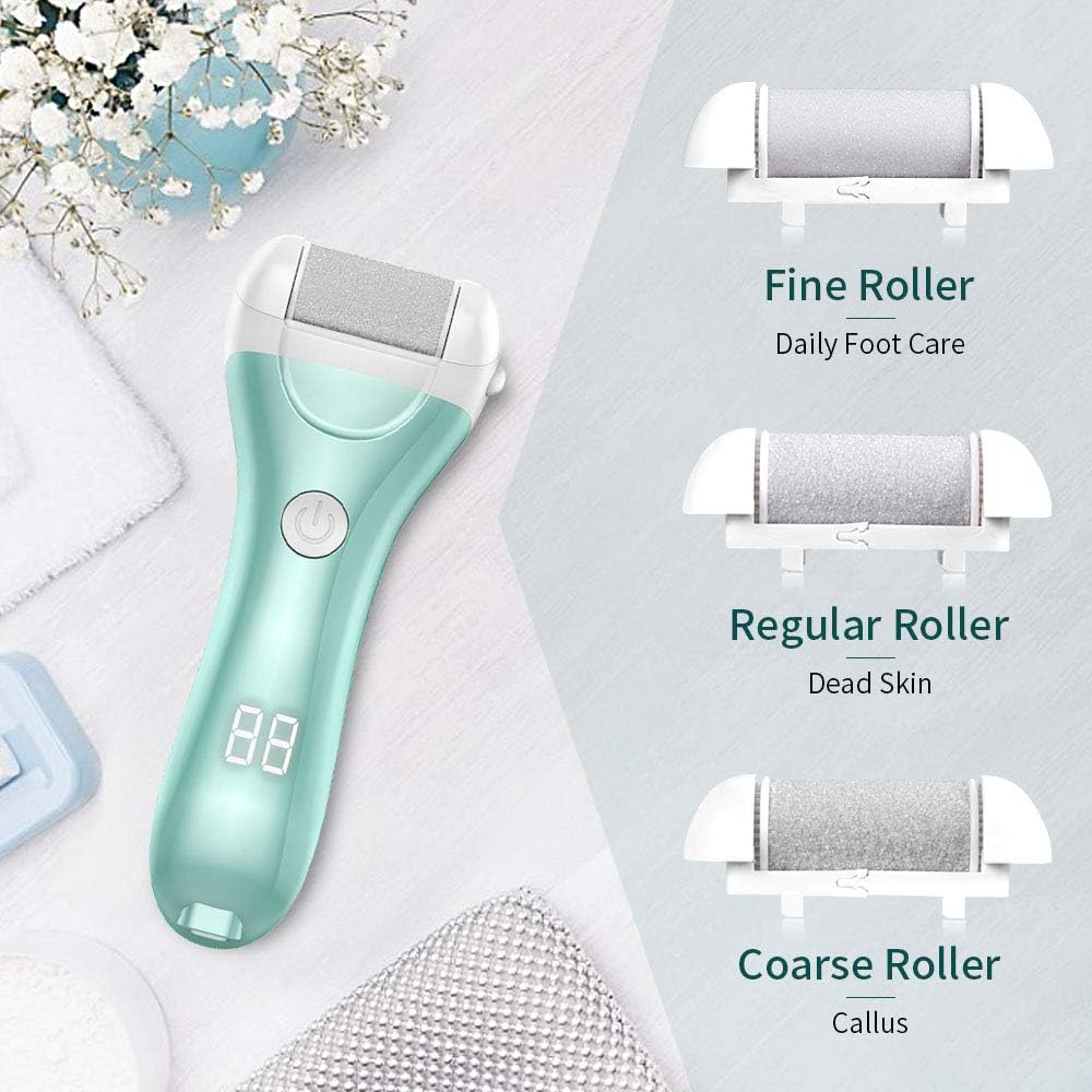 Electric Callus Remover, RUEOO Rechargeable Electronic Feet File Hard Skin Remover IPX7 Waterproof Pedicure Tool for Cracked Heels and Dead Skin, with 3 Coarse Roller Heads Foot Rasp: Health & Personal Care