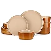 vancasso ONION Ceramic Plates and Bowls Sets, 12 Pieces Brown Dinnerware Sets for Kitchen, Reactive Glaze Dishes Set for 4, Dishwasher and Microwave Safe