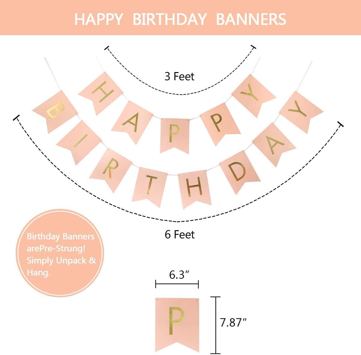 Litaus Birthday Decorations, Pink and Gold Happy Birthday Decorations for Women, Happy Birthday Banner, Hanging Swirls, Paper Garlands for 1 Birthday Decorations, Birthday Party, Girls Birthday: Toys & Games