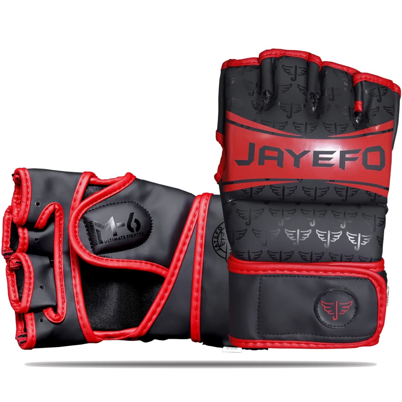 Jayefo Sports M-6 MMA Gloves - Open Palm Leather Boxing Gloves for Punching Bag, Kickboxing, Muay Thai, MMA, Men & Women Pro Sparring Fighting & Training Gloves | L/XL (Black & Red)