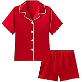 DIPUG Girls Pajamas Set Satin Short Sleeve Pjs with Ruffle Trim Soft Silky Sleepwear for Ages