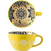 JINNTHE Yellow Ceramic Mug, Bohemian Hand-Painted, 15 Oz Large Coffee Cup for Milk, Tea, Breakfast, Dishwasher & Microwave Safe Cup