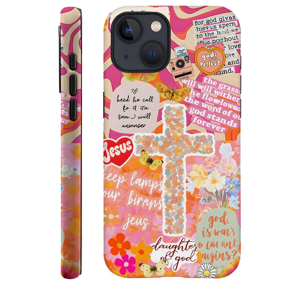 DAIZAG Case Compatible with iPhone 14 Plus,Durable Shock Protection Cover for Girl Women,Bible Cross Flower Collage Orange