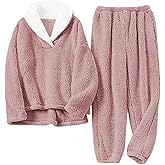 Peaceglad Women' s Fluffy Pajamas Set Fleece Pullover Pants Loose Plush Winter Chrismas Sleepwear