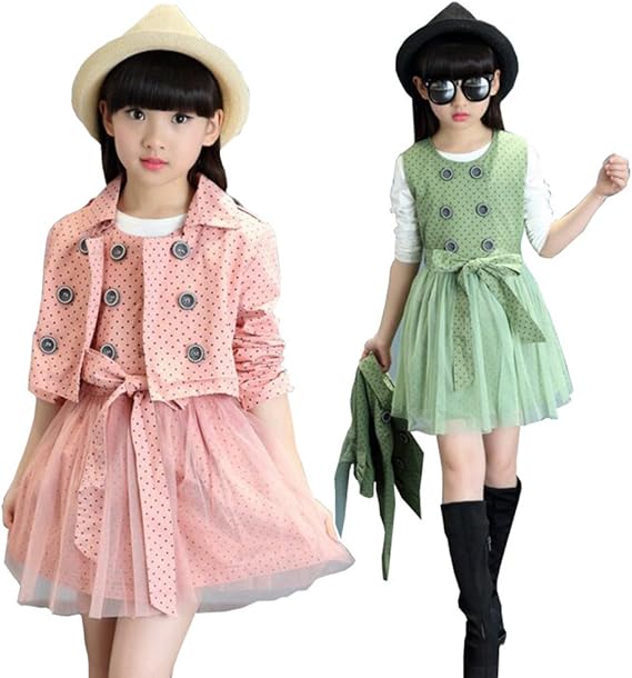 Amazon ノーブランド品 春新品 キッズ ガールズ コート ワンピース 可愛い チュチュスカート 2点セット ピンク コート ジャケット 160cm グリーン ワンピース チュニック 通販