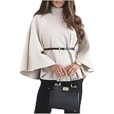 MakeMeChic Women's Poncho Pea Cape Coat Mock Neck 3/4 Sleeve Belted Business Jacket Outerwear