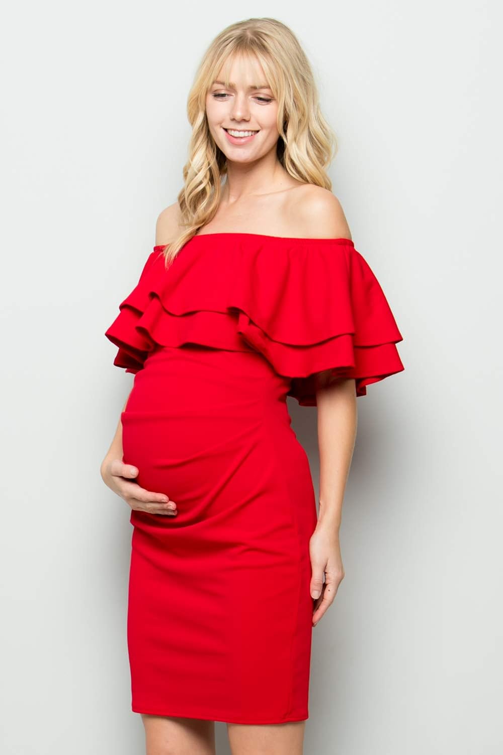 My Bump Double Layer Ruffle Maternity Dress-Fitted Off-Shoulder Baby Shower Pregnancy at  Women’s Clothing store