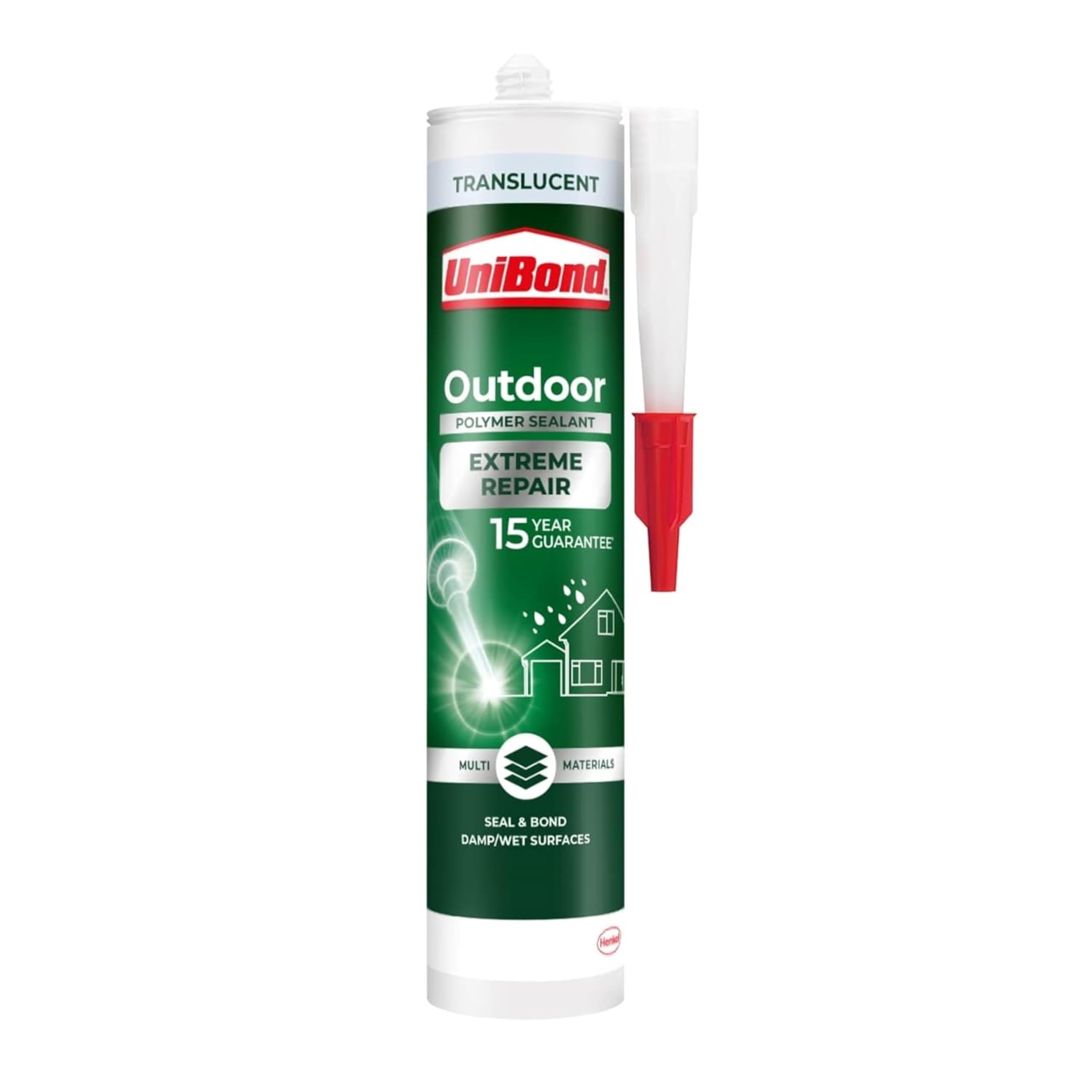 UniBond Outdoor Extreme Repair Sealant, Polymer Based Outdoor Sealant Suitable for Use on Various Materials*, Weather Resistant and Waterproof Sealant, Translucent, 1 x 389g Cartridge