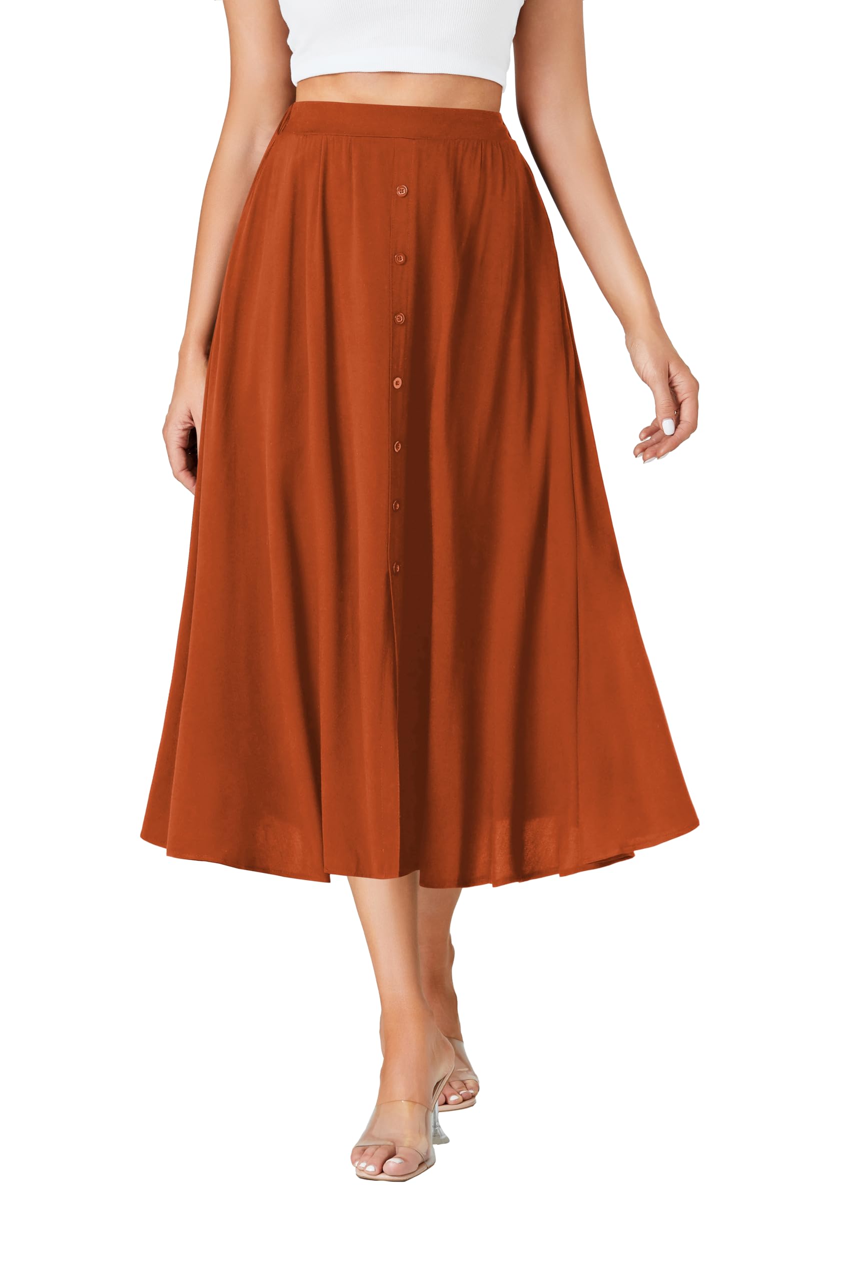 Photo 1 of LYANER Women's High Elastic Waist Pleated Flare A Line Midi Skirt with Pockets Burnt Orange Large