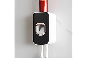 LUEXBOX 2 Slot Plastic Toothbrush Holder and Toothpaste Dispenser Wall Mounted, Automatic Toothpaste Squeezer, 2 in 1 Tooth Brush Toothpaste Organizer for Shower (Black)